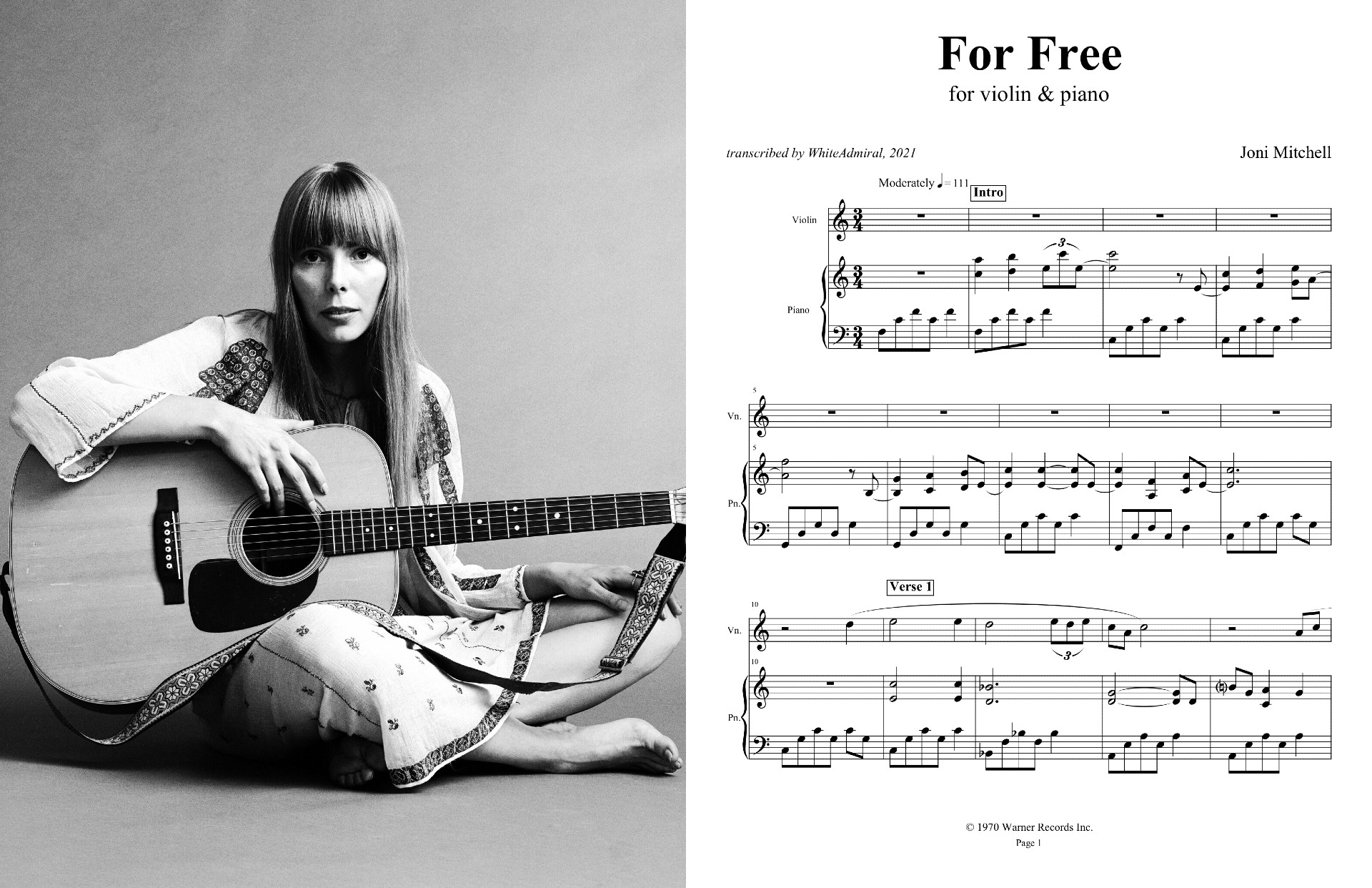 Bliv kighul klar Joni Mitchell - For Free (violin & piano) | Piano Sheet Music Soundtracks