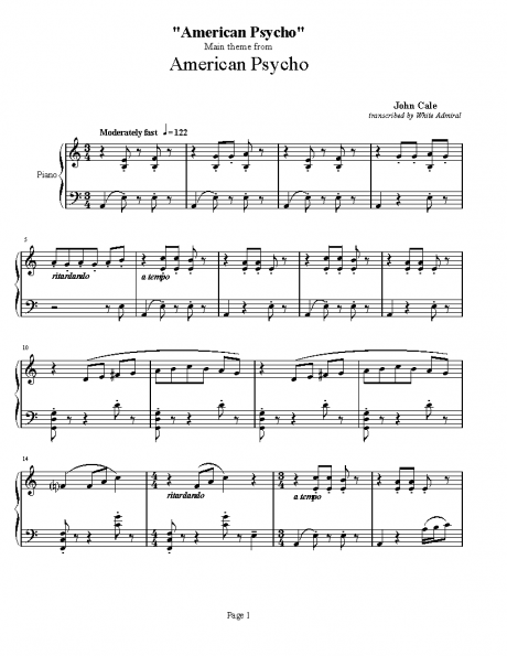 American Psycho Main Theme - John Cale - Piano | Piano Sheet Music Soundtracks
