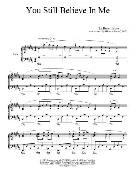 You Still Believe In Me - The Beach Boys | Piano Sheet Music Soundtracks
